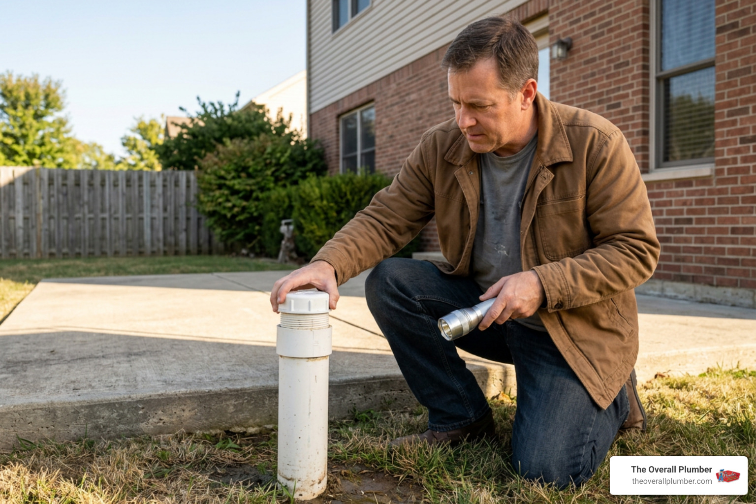 homeowner inspecting an exterior PVC sewer cleanout pipe