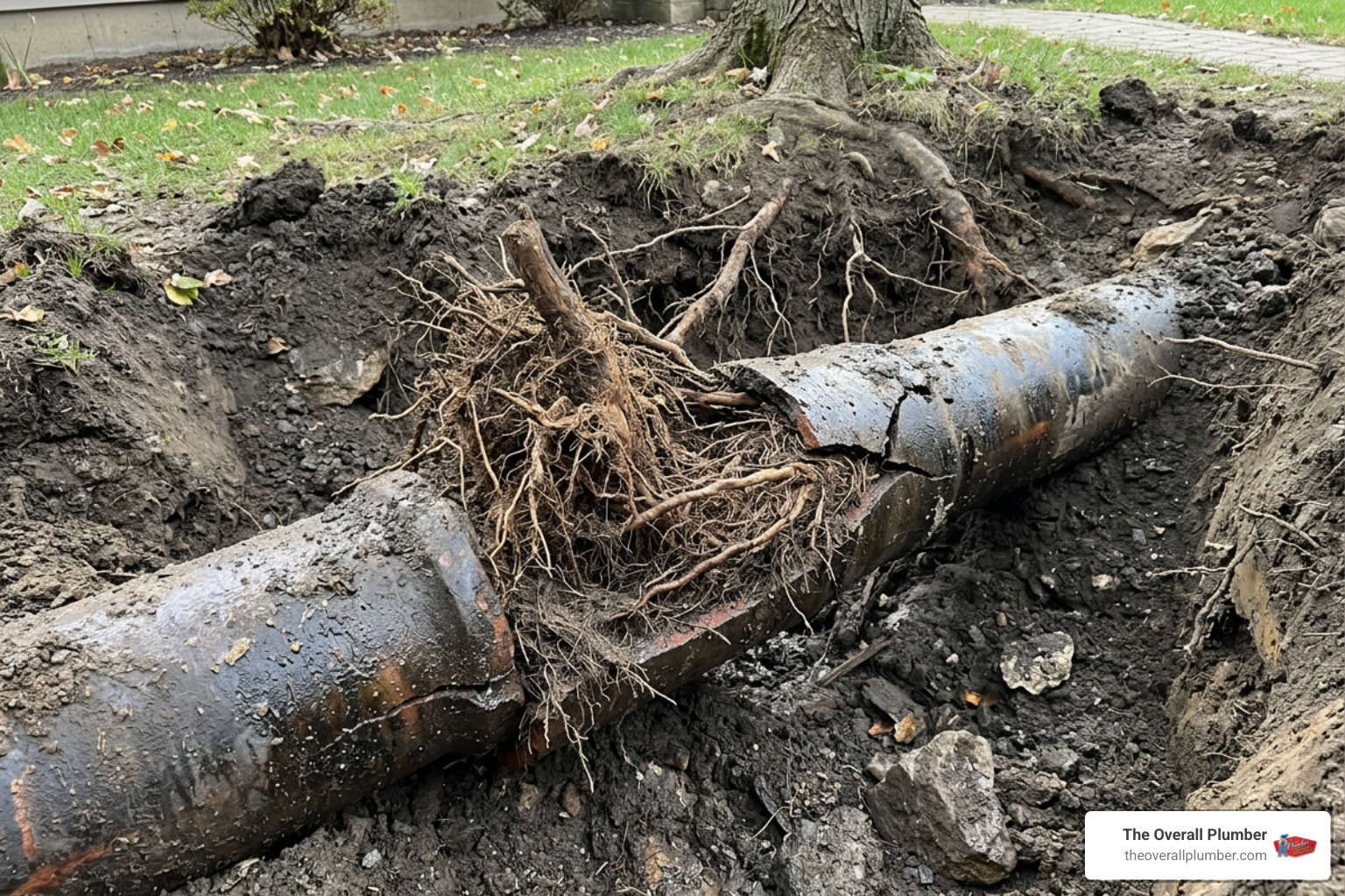tree roots obstructing an underground sewer lateral pipe