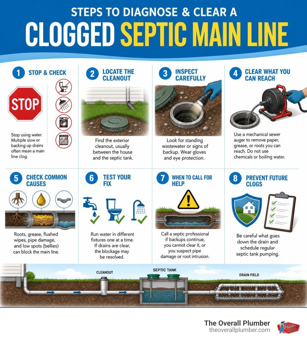 Steps to diagnose and clear a clogged septic main line infographic