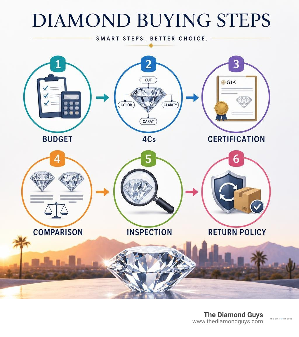 Diamond buying steps: budget, 4Cs, certification, comparison, inspection, return policy infographic Diamond buying steps: budget, 4Cs, certification, comparison, inspection, return policy infographic