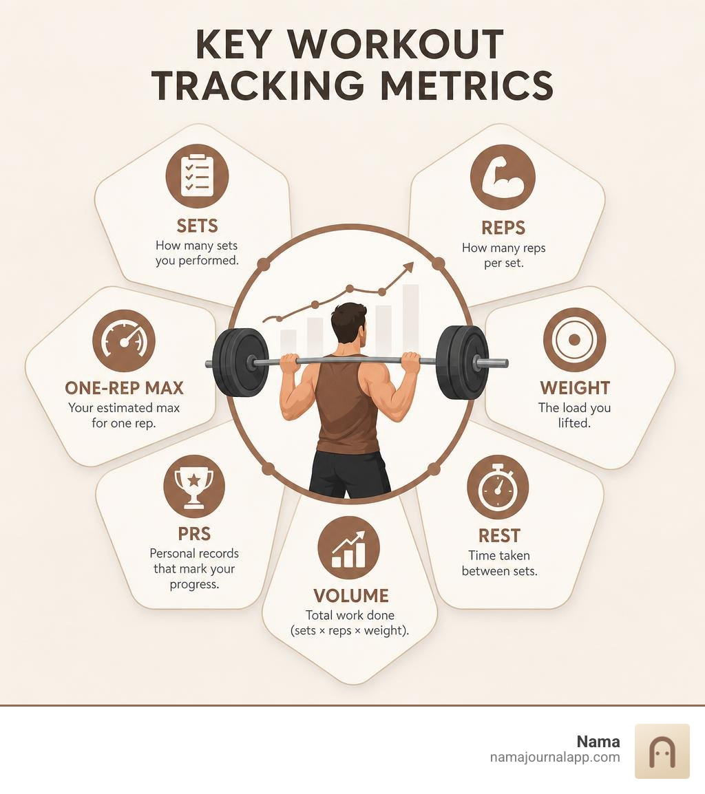 Key workout tracking metrics: sets, reps, weight, rest, volume, PRs, and one-rep max infographic Key workout tracking metrics: sets, reps, weight, rest, volume, PRs, and one-rep max infographic