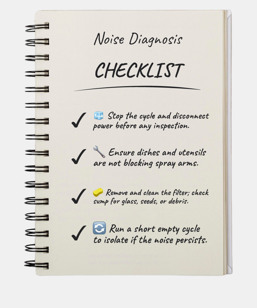 Dishwasher noise troubleshooting by sound and cycle stage infographic Dishwasher noise troubleshooting by sound and cycle stage infographic