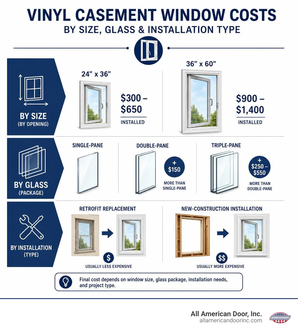 Vinyl casement window costs by size glass and installation type infographic Vinyl casement window costs by size glass and installation type infographic