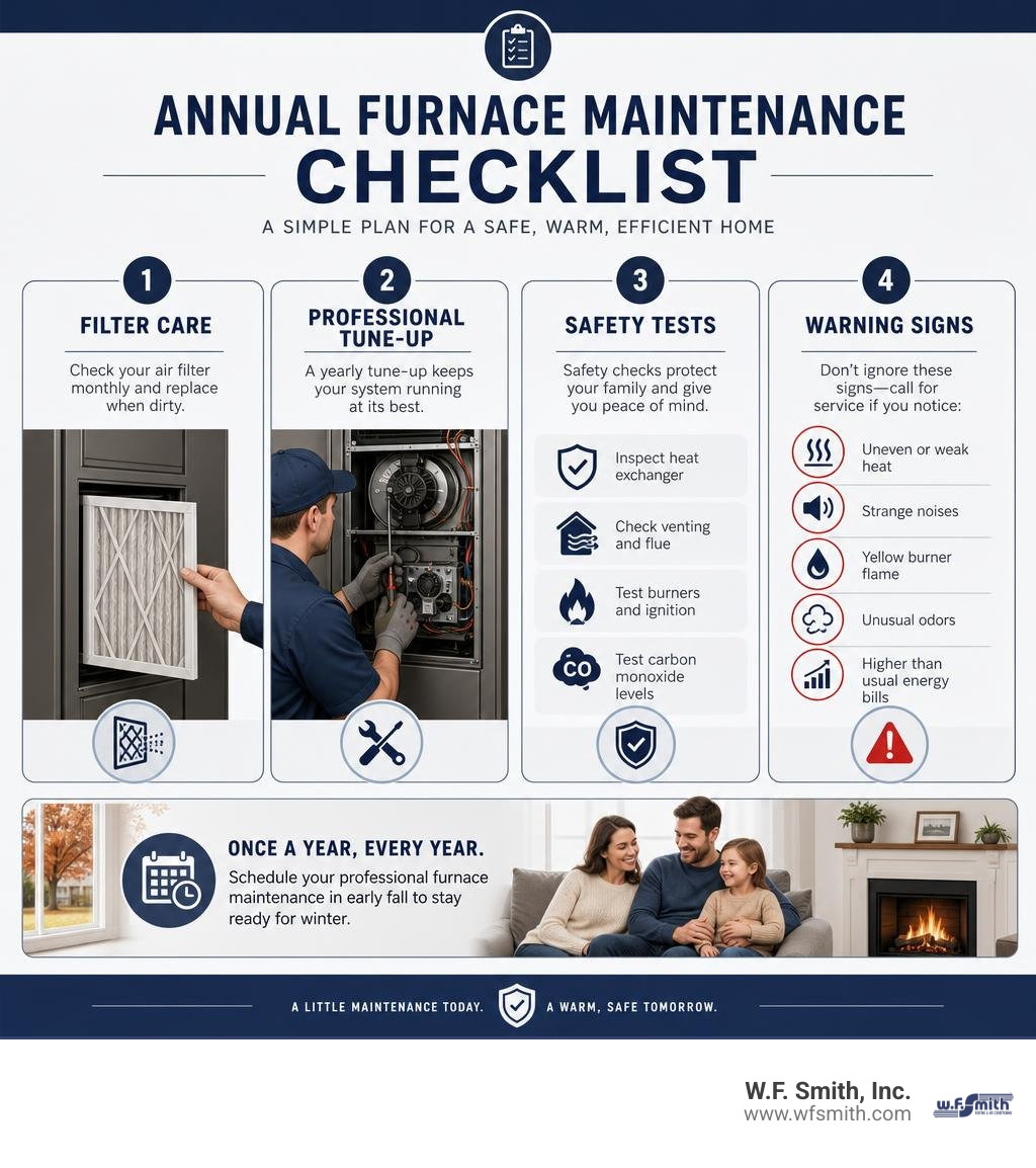 Annual furnace maintenance checklist: filter care, tune-up, safety tests, and warning signs infographic