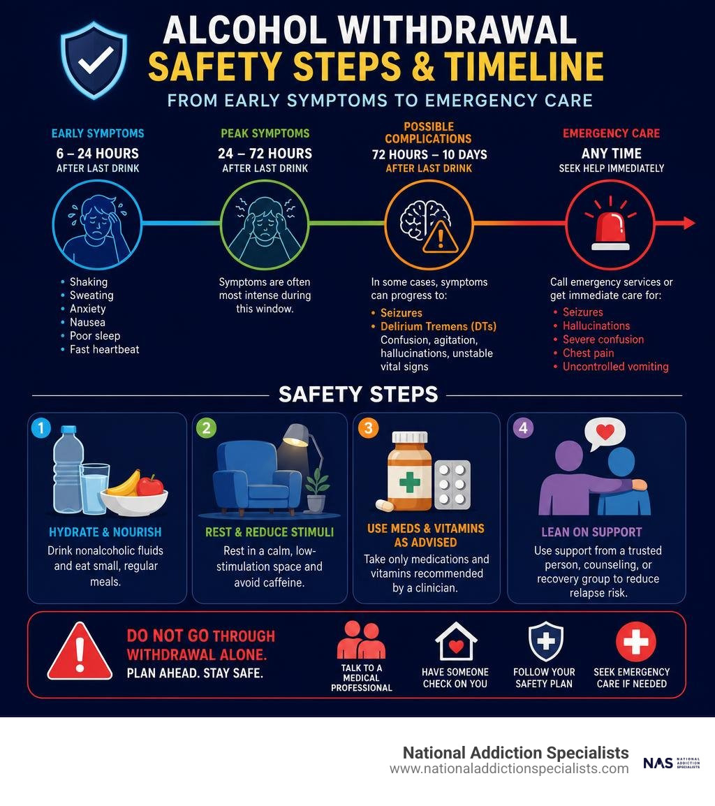 Alcohol withdrawal safety steps and timeline from early symptoms to emergency care infographic