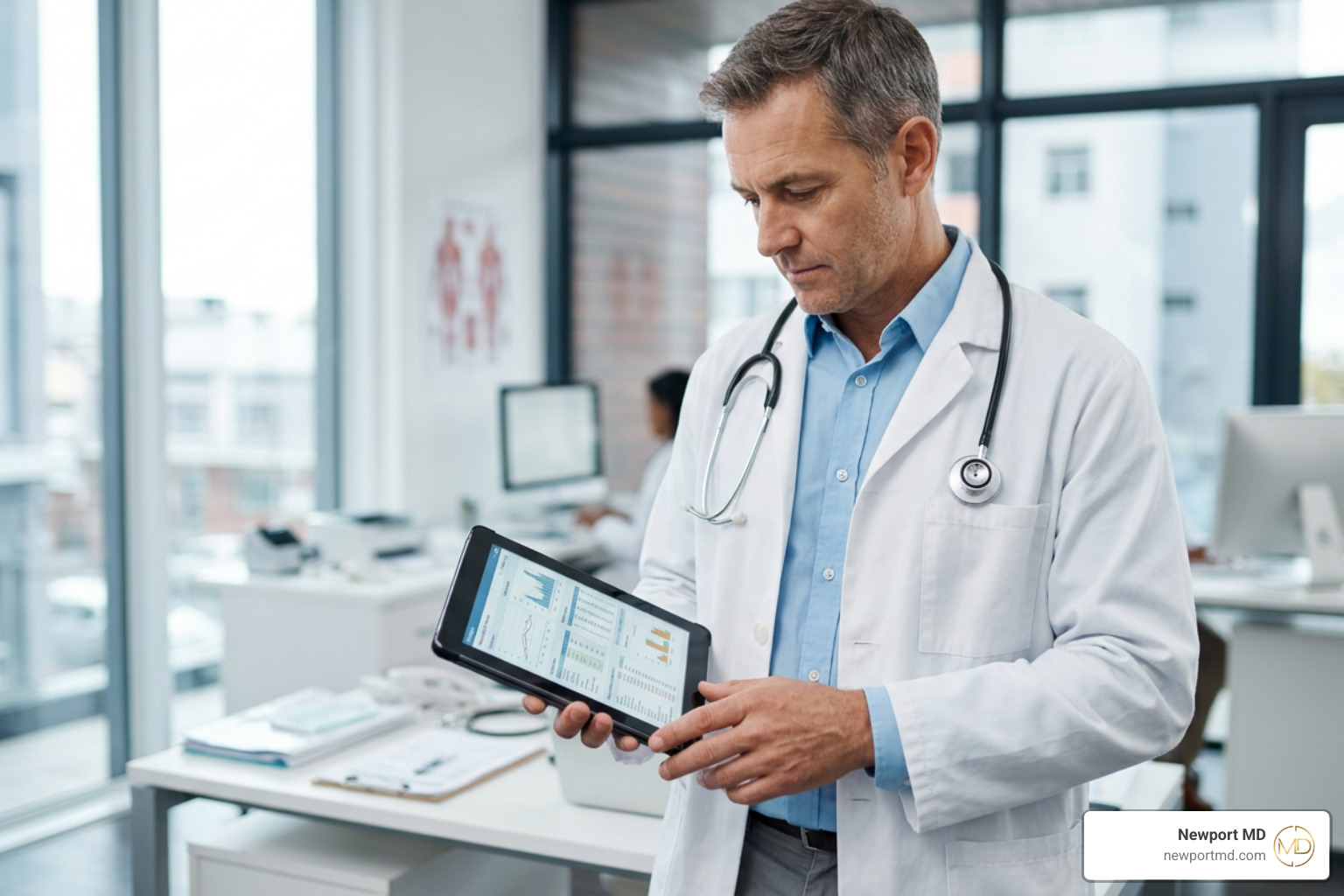 Clinician reviewing comprehensive blood testing and metabolic diagnostic results