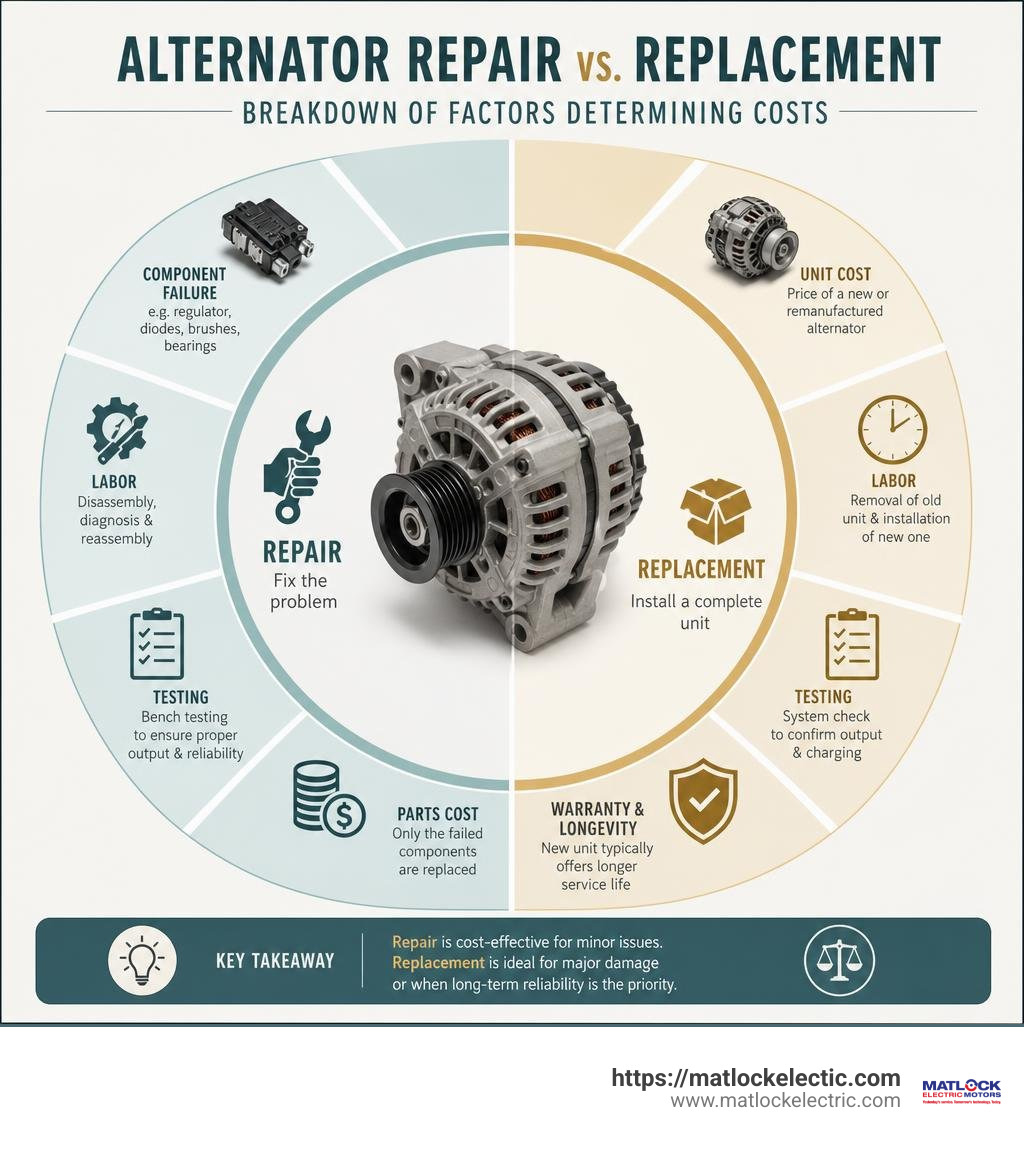 breakdown of factors determining alternator repair and replacement costs infographic
