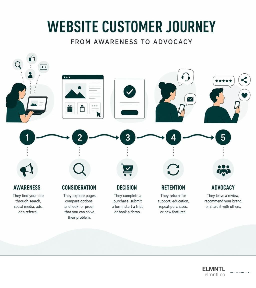 Website customer journey stages from awareness to advocacy infographic