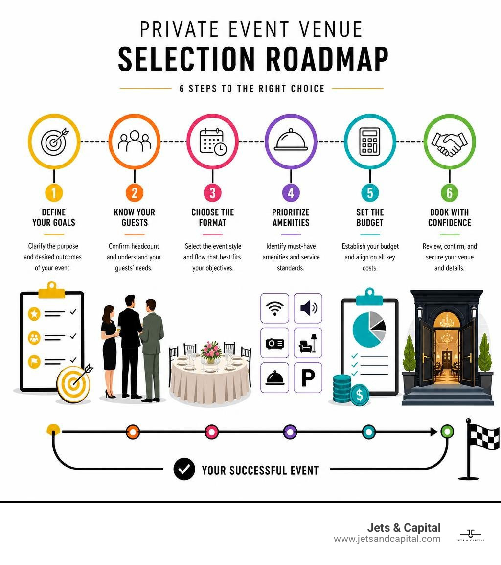 Private event venue selection roadmap: goals, guests, format, amenities, budget, booking infographic Private event venue selection roadmap: goals, guests, format, amenities, budget, booking infographic