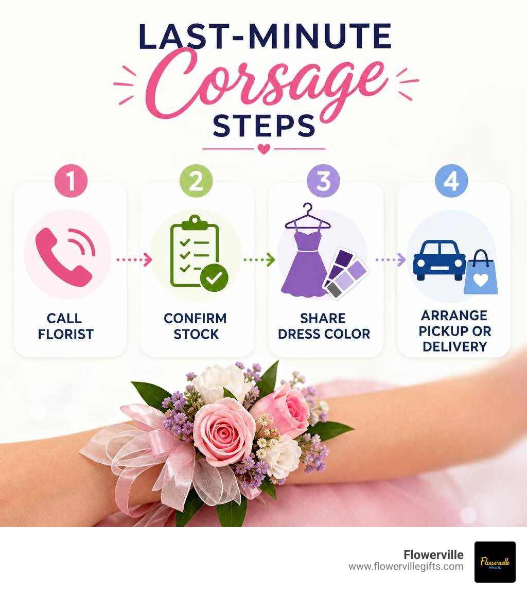 Last-minute corsage steps: call florist, confirm stock, share dress color, arrange pickup or delivery infographic Last-minute corsage steps: call florist, confirm stock, share dress color, arrange pickup or delivery infographic