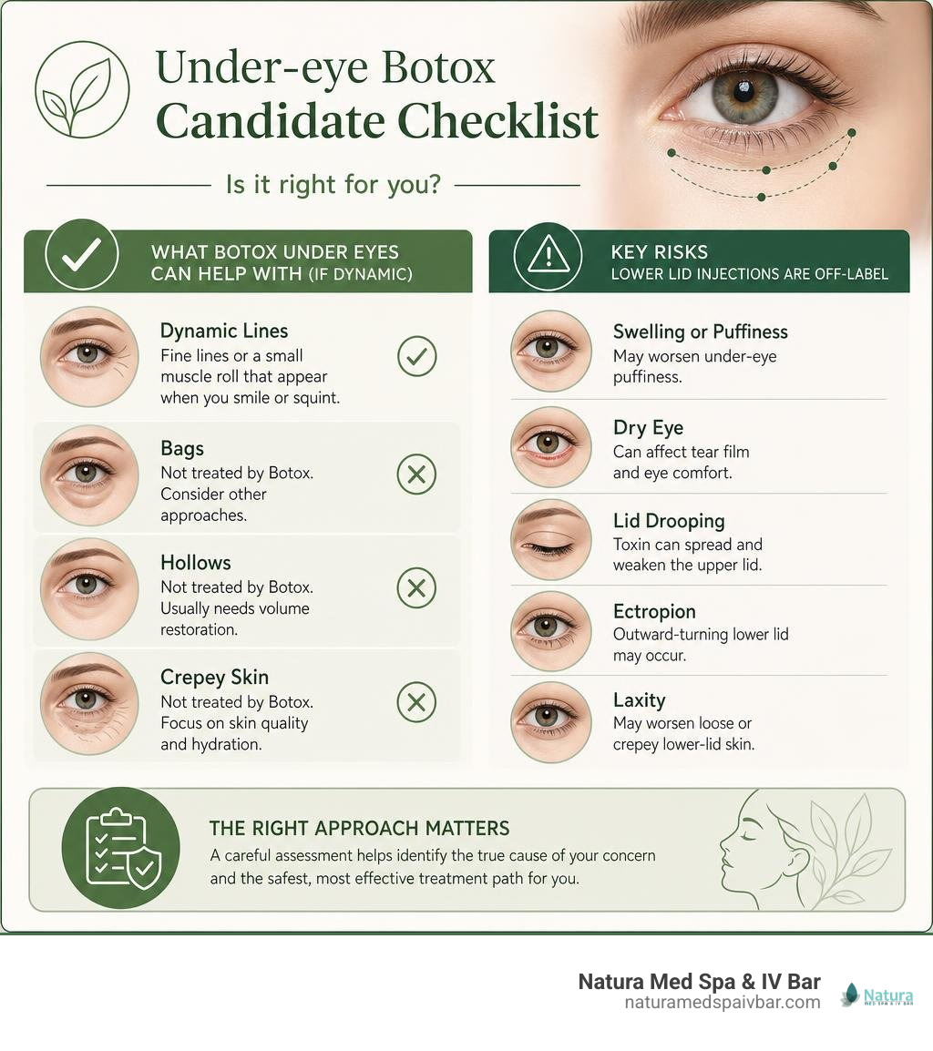 Under-eye Botox candidate checklist: dynamic lines, bags, hollows, crepey skin, and risks infographic Under-eye Botox candidate checklist: dynamic lines, bags, hollows, crepey skin, and risks infographic