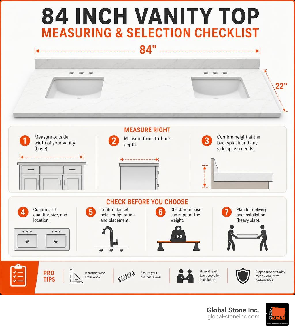 84 inch vanity top measuring and selection checklist infographic
