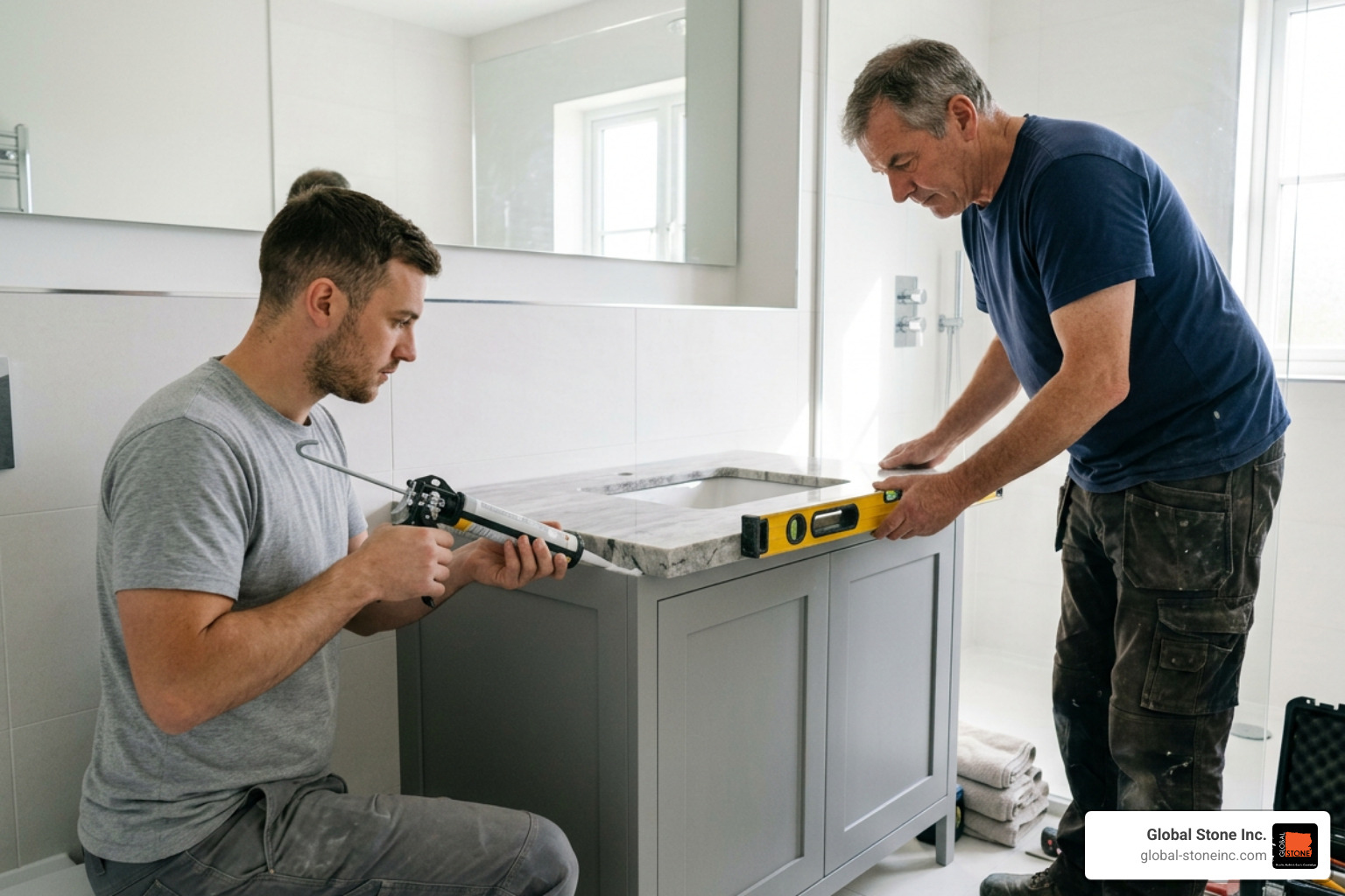 Professional installers securing a large stone vanity top