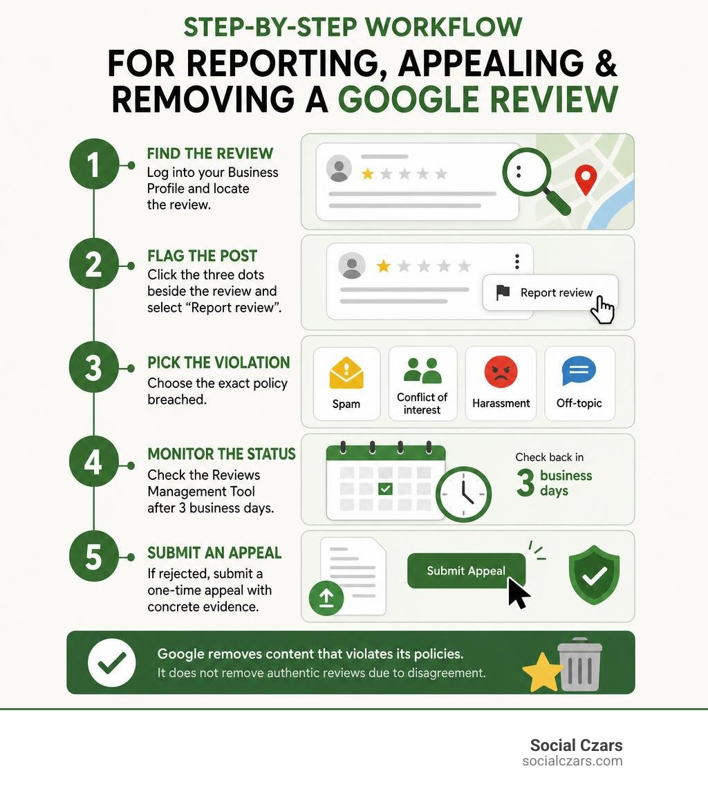 step-by-step workflow for reporting appealing and removing a google review infographic step-by-step workflow for reporting appealing and removing a google review infographic