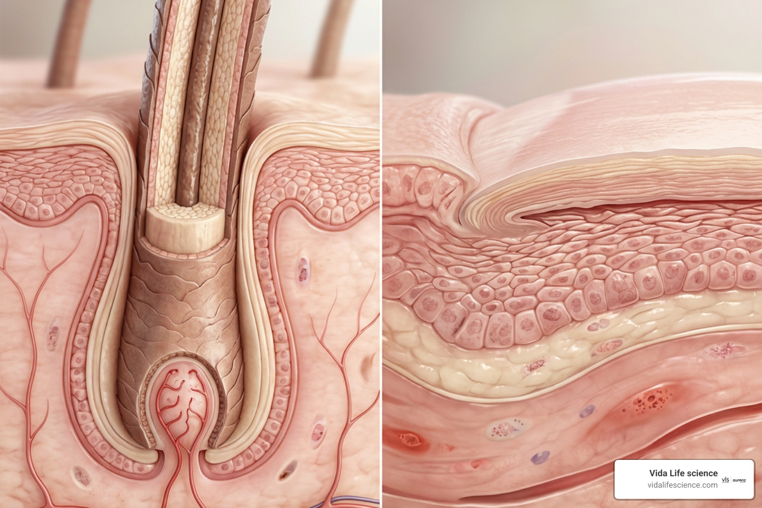 Illustration of hair follicle and nail bed keratin matrix supported by essential micronutrients
