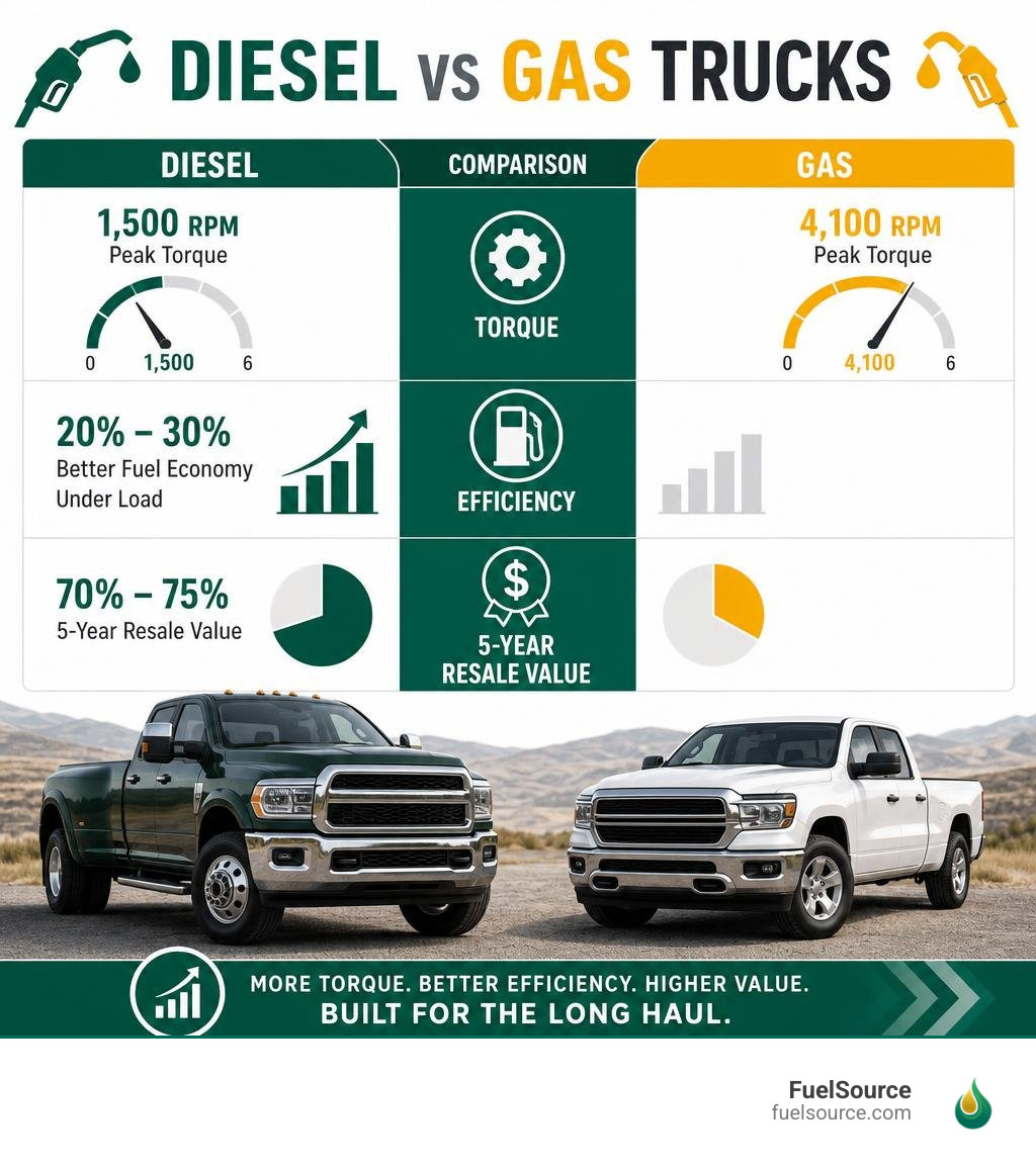 Comparison of diesel vs gas truck efficiency torque and 5-year resale value infographic
