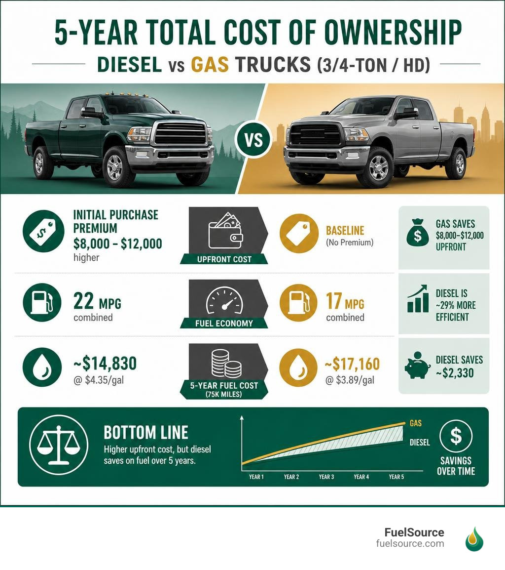 5-year total cost of ownership breakdown between diesel and gas trucks infographic