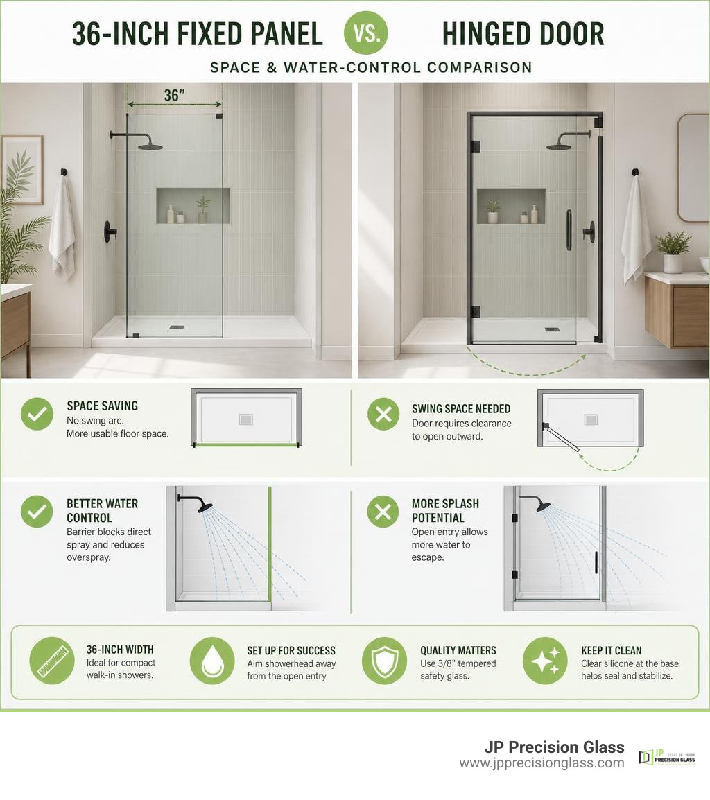 36-inch fixed panel versus hinged door space and water-control comparison infographic 36-inch fixed panel versus hinged door space and water-control comparison infographic