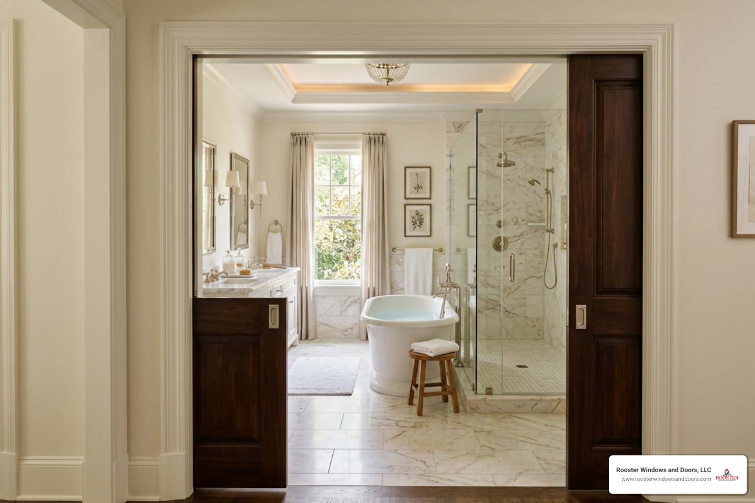 Double pocket doors in luxury primary bathroom