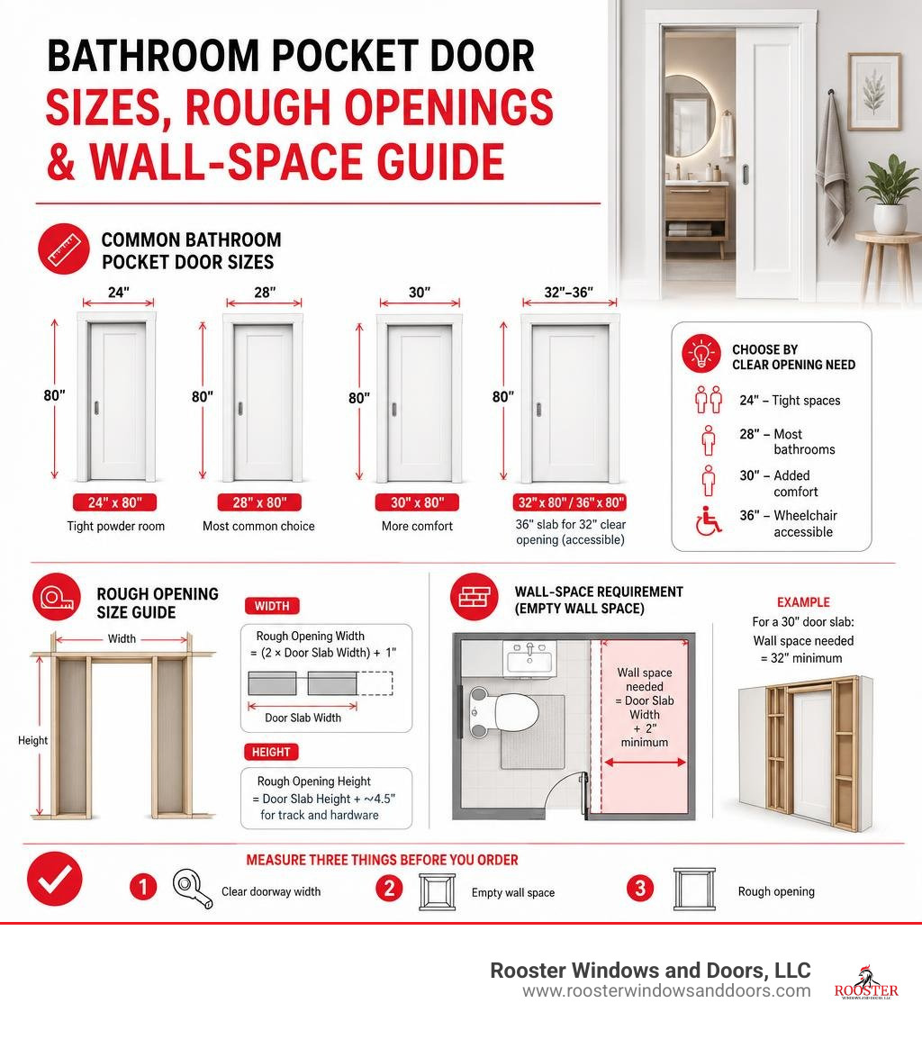 Bathroom pocket door sizes rough openings and wall-space guide infographic