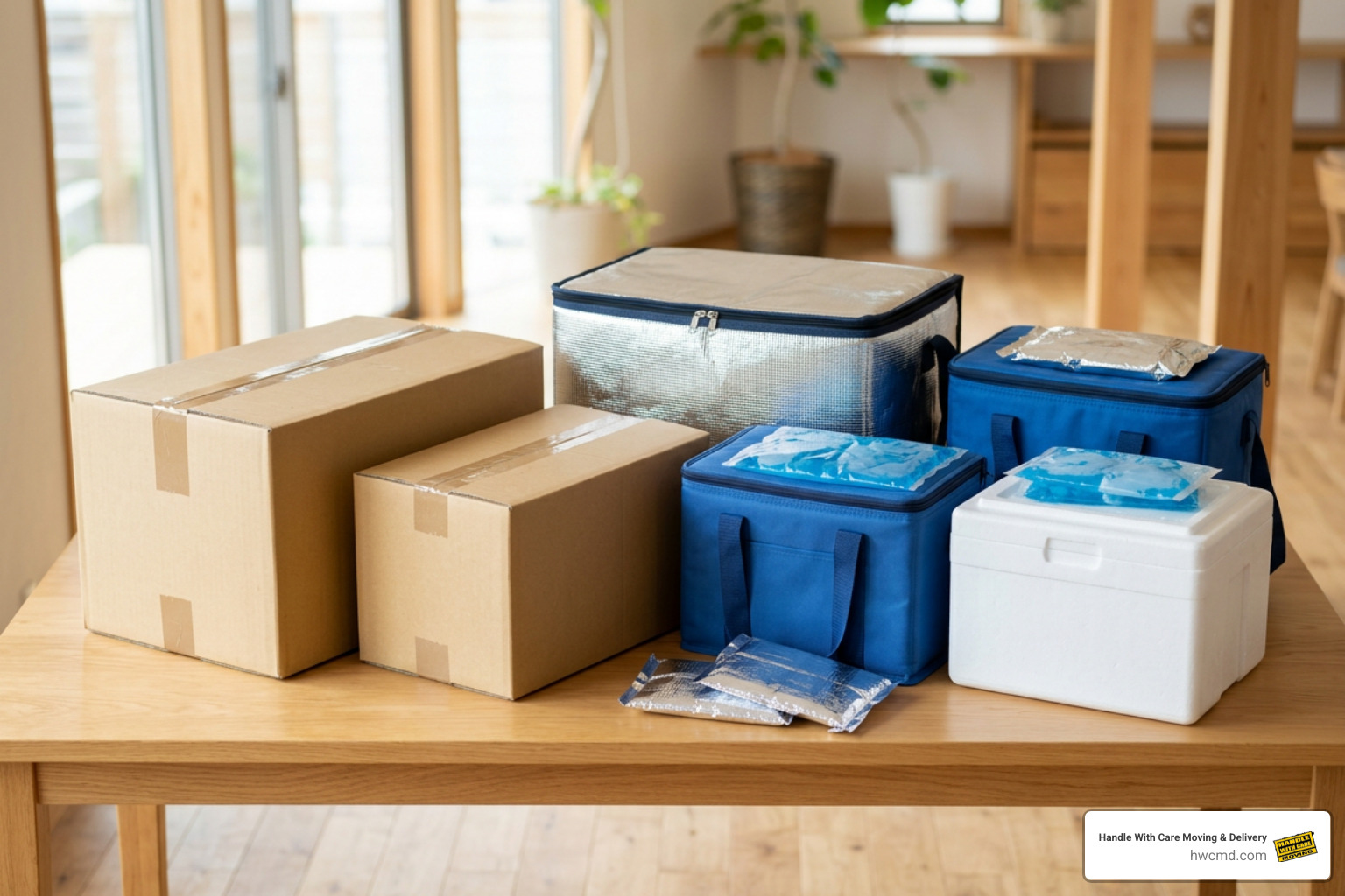 diverse packaged goods and insulated containers prepared for transport