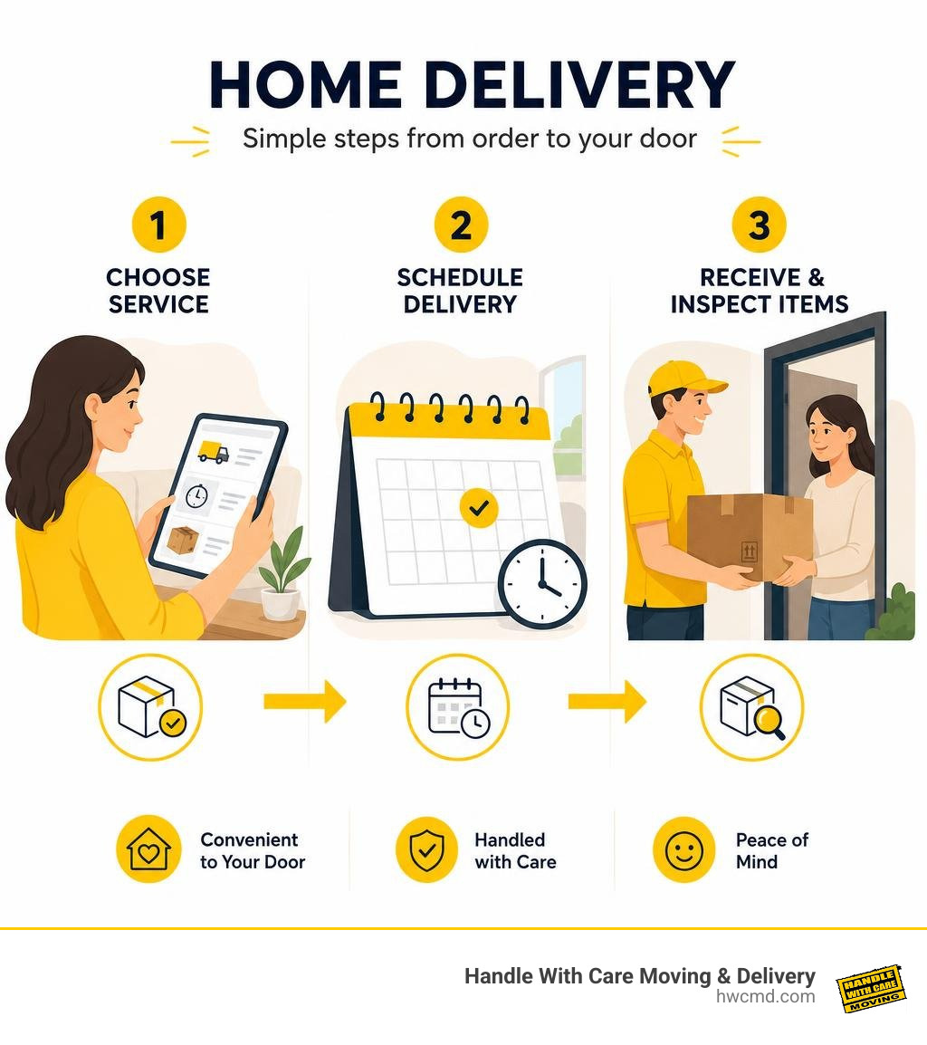 Home delivery comparison: choose service, schedule delivery, receive and inspect items infographic