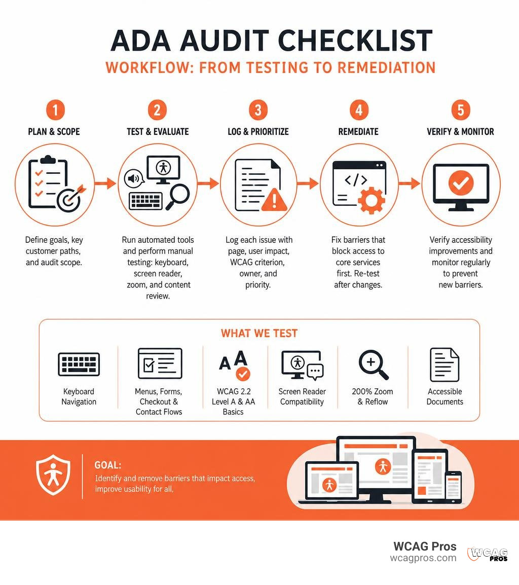 ADA audit checklist workflow from testing to remediation infographic ADA audit checklist workflow from testing to remediation infographic