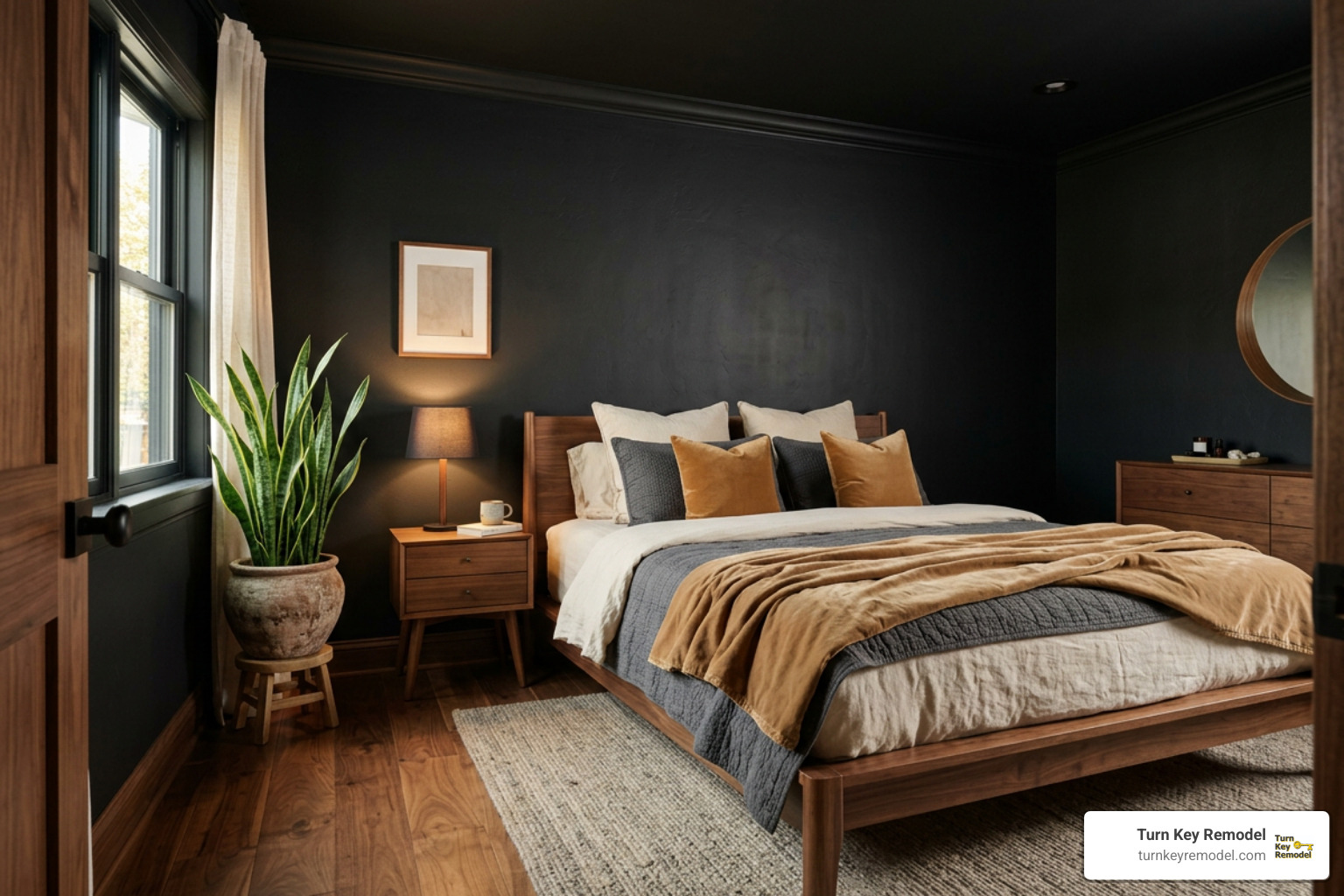 cozy matte black bedroom with walnut furniture cozy matte black bedroom with walnut furniture
