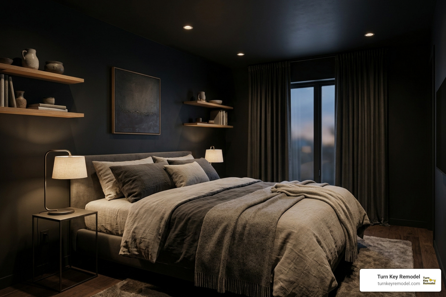 layered warm lighting in a dark modern bedroom layered warm lighting in a dark modern bedroom