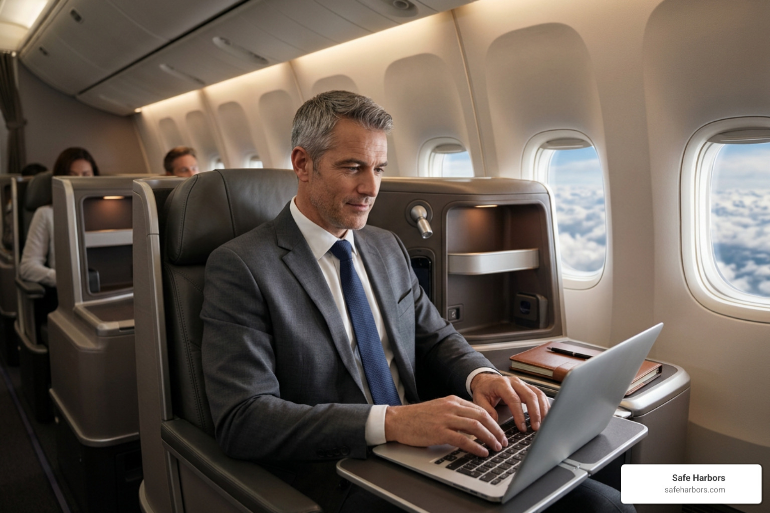 Executive traveler preparing for business while flying in a premium cabin Executive traveler preparing for business while flying in a premium cabin