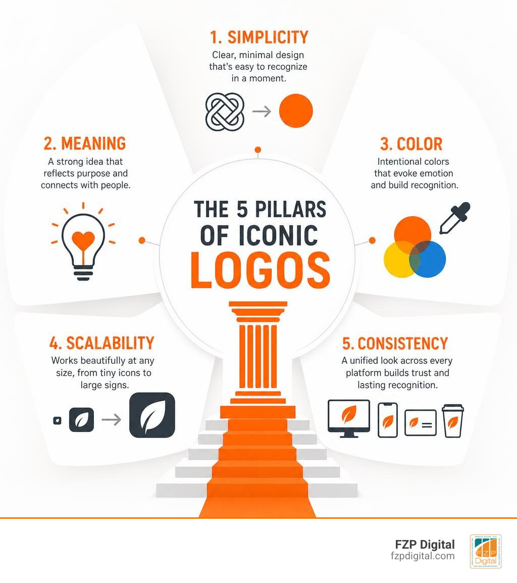 Infographic showing simplicity, meaning, color, scalability, and consistency in iconic logos infographic Infographic showing simplicity, meaning, color, scalability, and consistency in iconic logos infographic