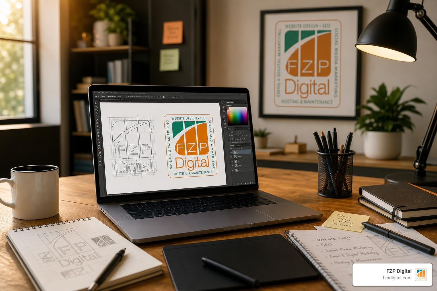 Modern startup logo design workspace showing typography and vector sketches Modern startup logo design workspace showing typography and vector sketches