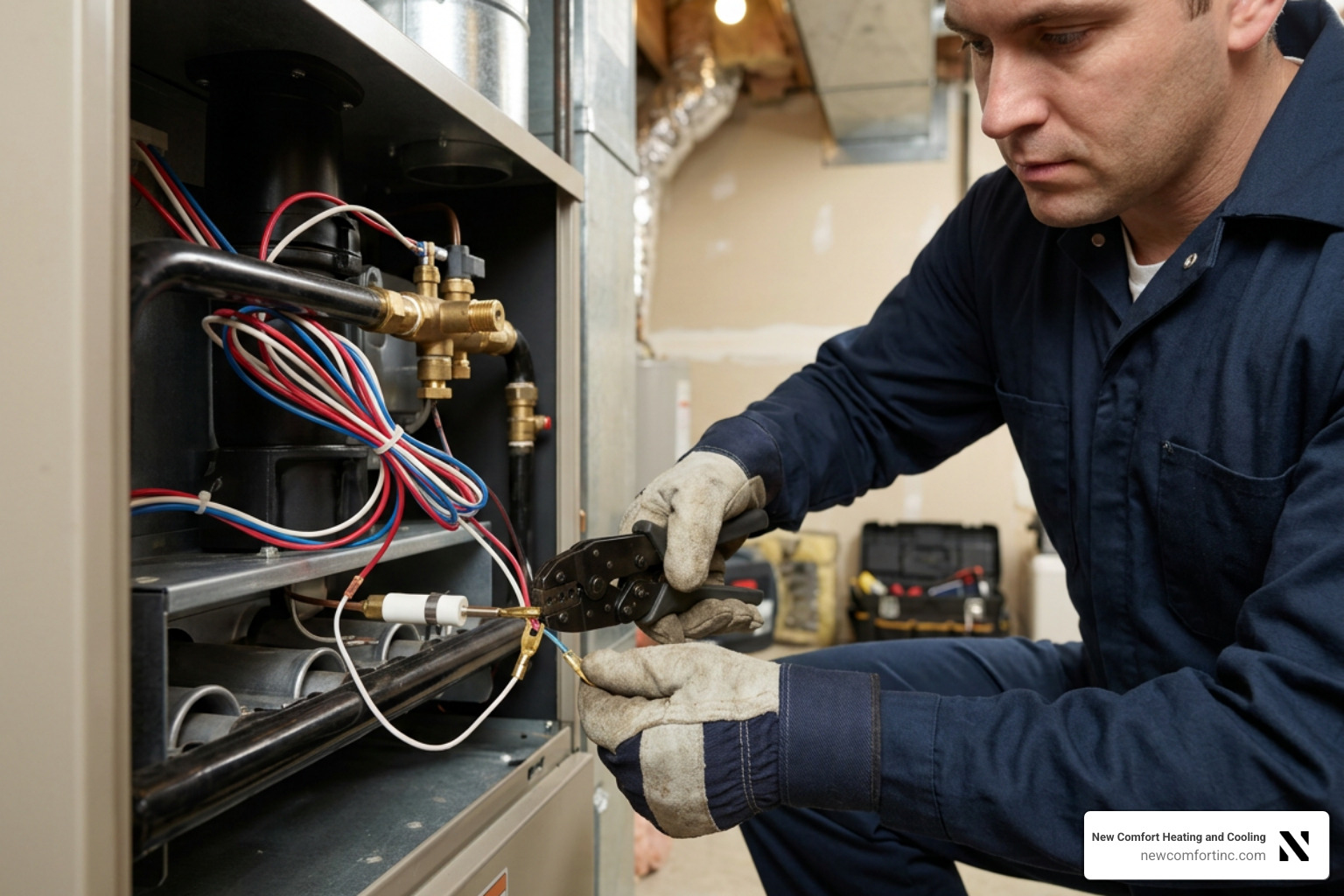 Technician installing a fusible link with crimp connectors near a furnace burner Technician installing a fusible link with crimp connectors near a furnace burner