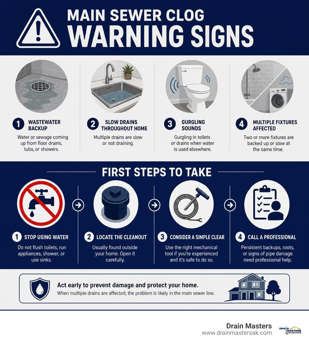 main sewer clog warning signs and first steps infographic