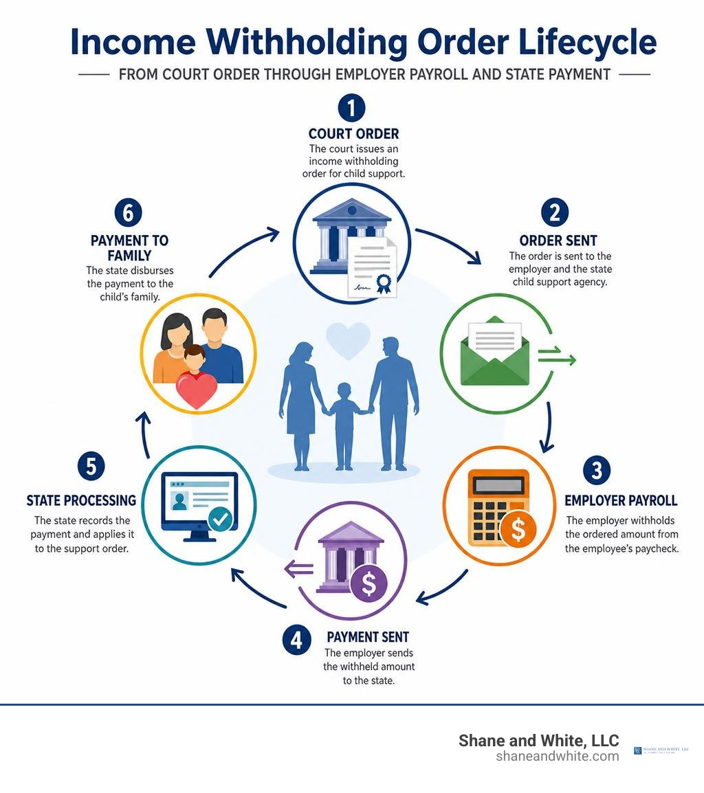Income withholding order lifecycle from court order through employer payroll and state payment infographic