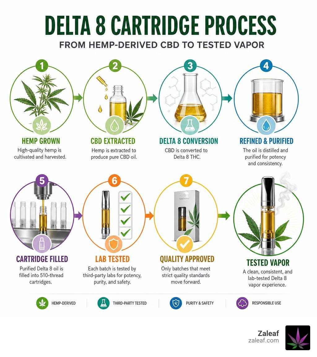 Delta 8 cartridge process from hemp-derived CBD to tested vapor infographic