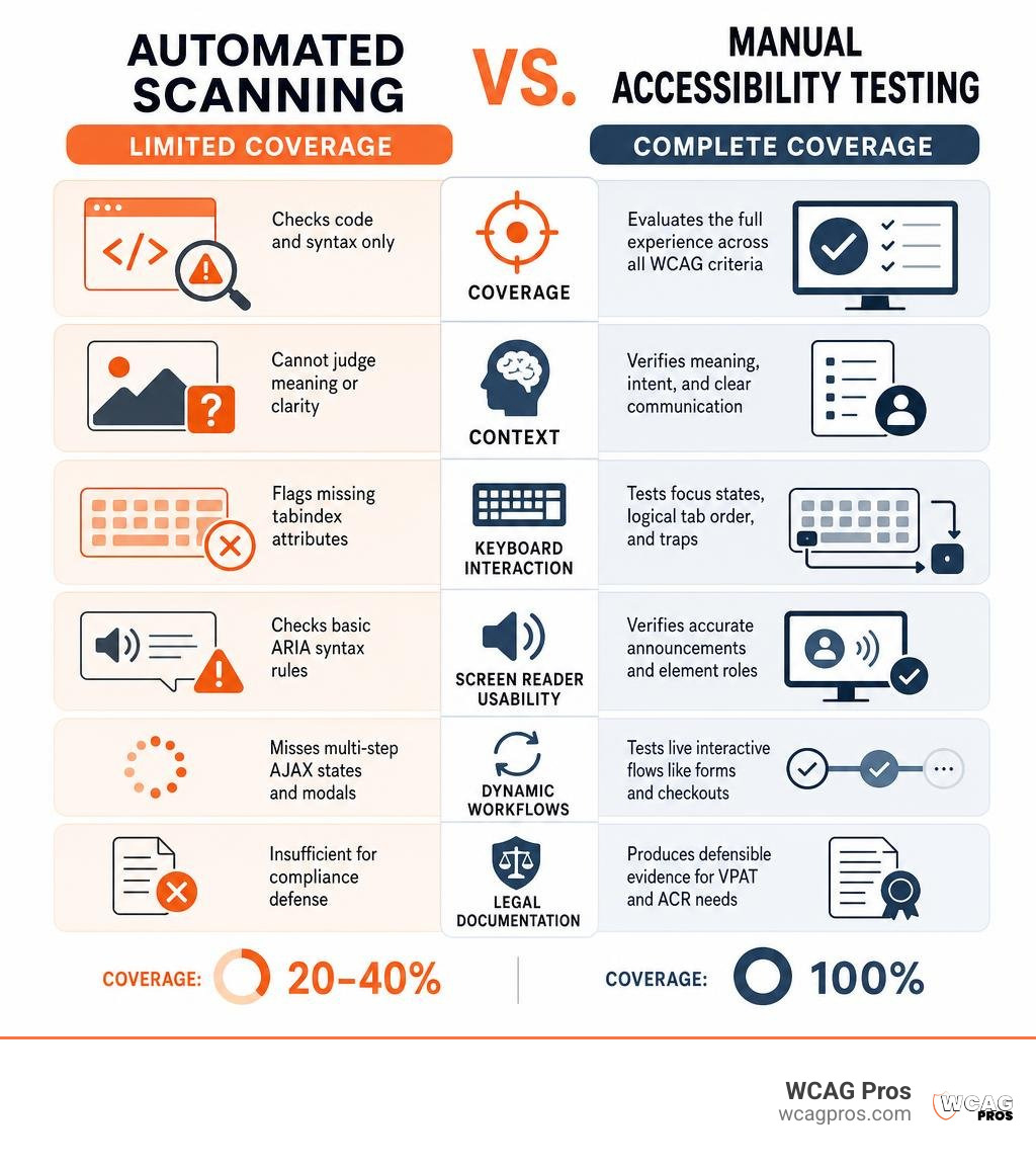 Automated scanning vs manual accessibility testing coverage infographic Automated scanning vs manual accessibility testing coverage infographic