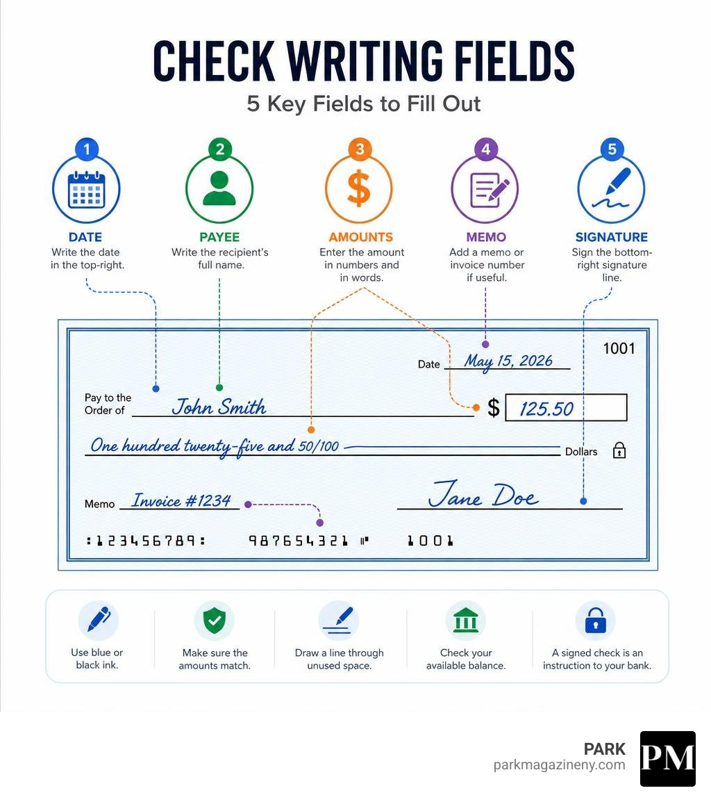 Check writing fields: date, payee, amounts, memo, and signature infographic