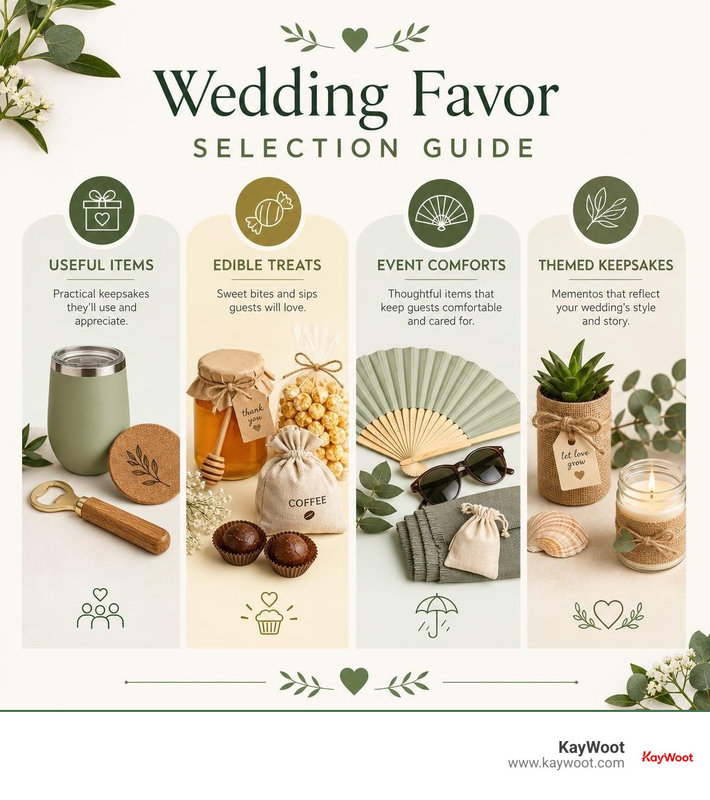 Wedding favor selection guide: useful items, edible treats, event comforts, themed keepsakes infographic Wedding favor selection guide: useful items, edible treats, event comforts, themed keepsakes infographic