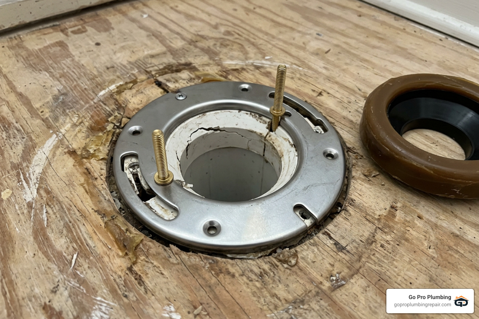 Stainless steel repair ring installed over PVC flange Stainless steel repair ring installed over PVC flange