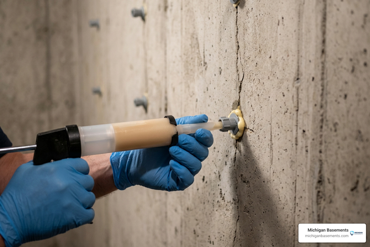 Low-pressure polyurethane foam injection into basement wall port