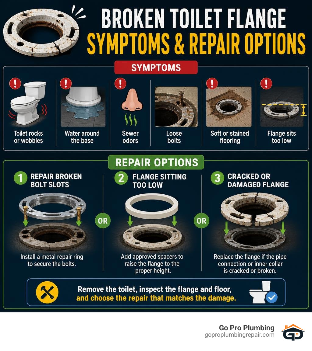 Broken toilet flange symptoms and repair options infographic Broken toilet flange symptoms and repair options infographic