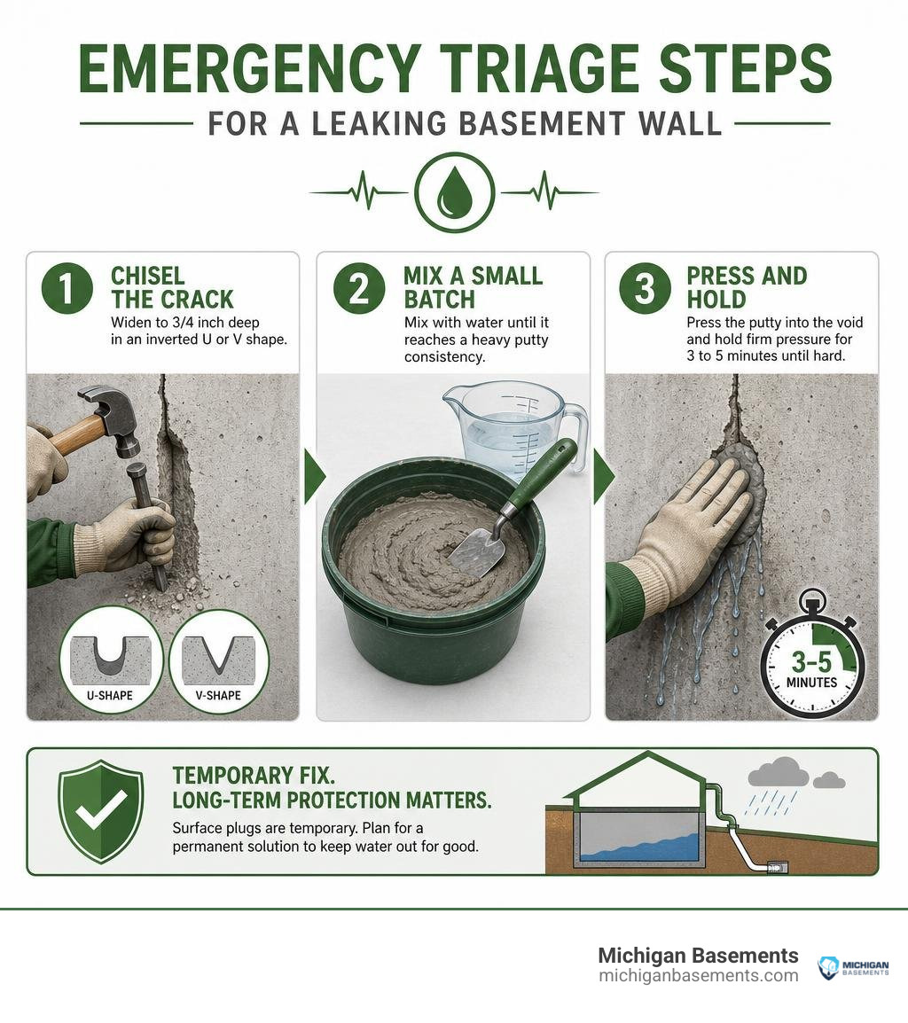 Emergency triage steps for a leaking basement wall infographic