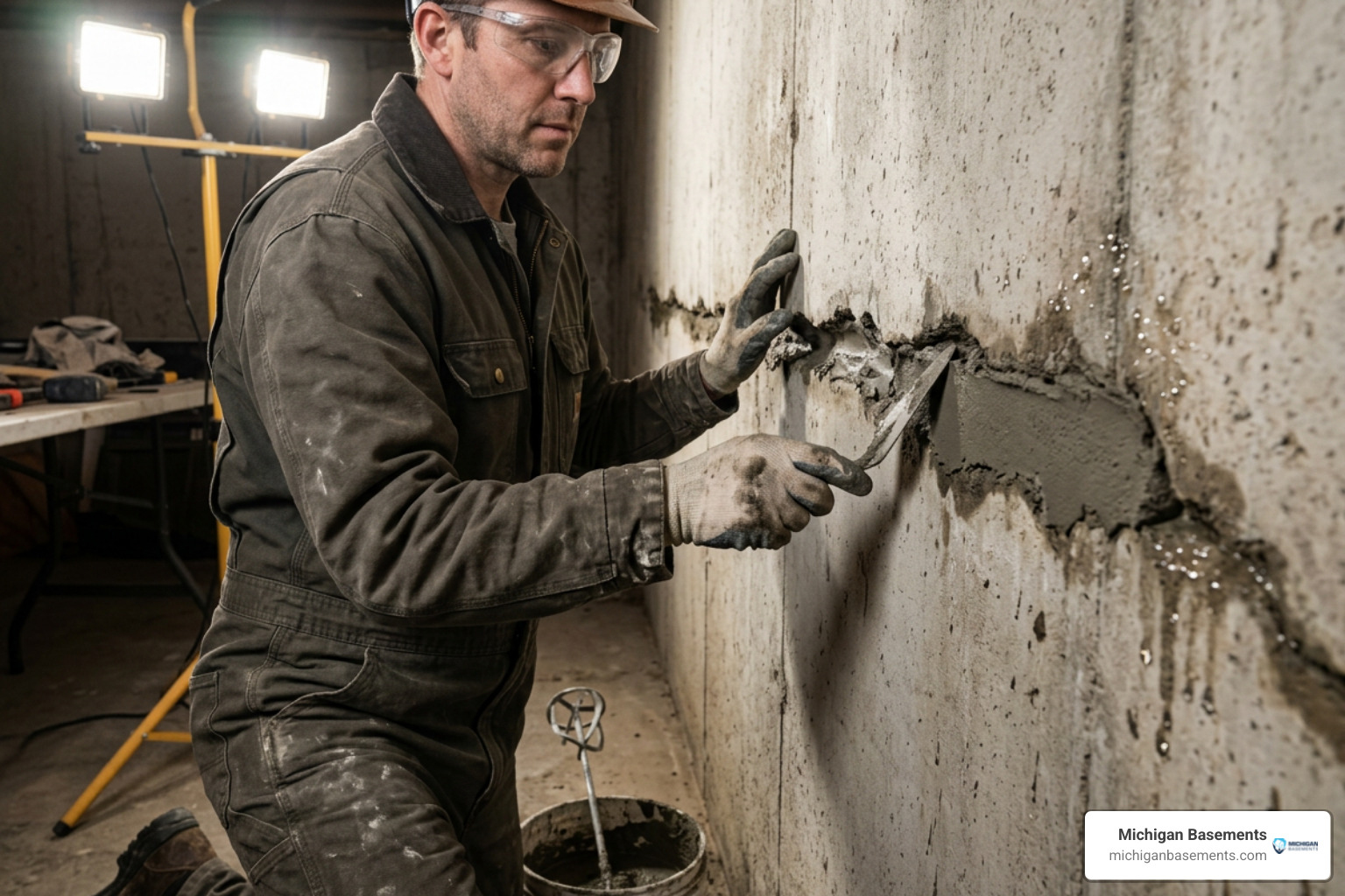 Contractor packing hydraulic cement into a chiseled foundation crack