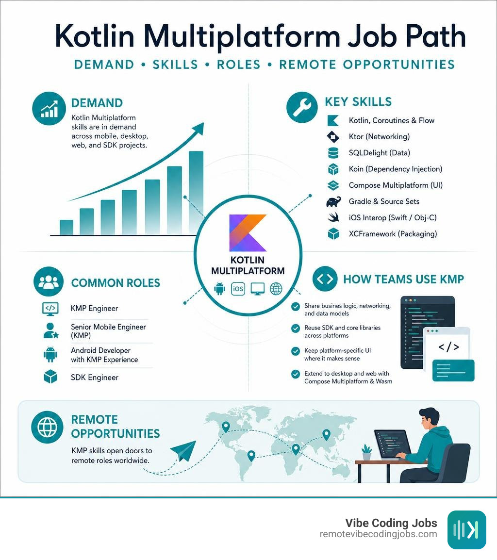 Kotlin Multiplatform job path: demand, skills, roles, and remote opportunities infographic