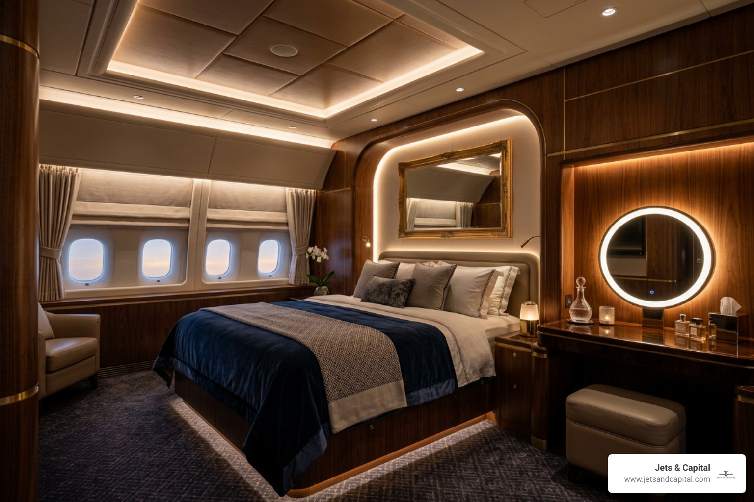 VIP airliner master bedroom suite with large bed and ensuite vanity VIP airliner master bedroom suite with large bed and ensuite vanity