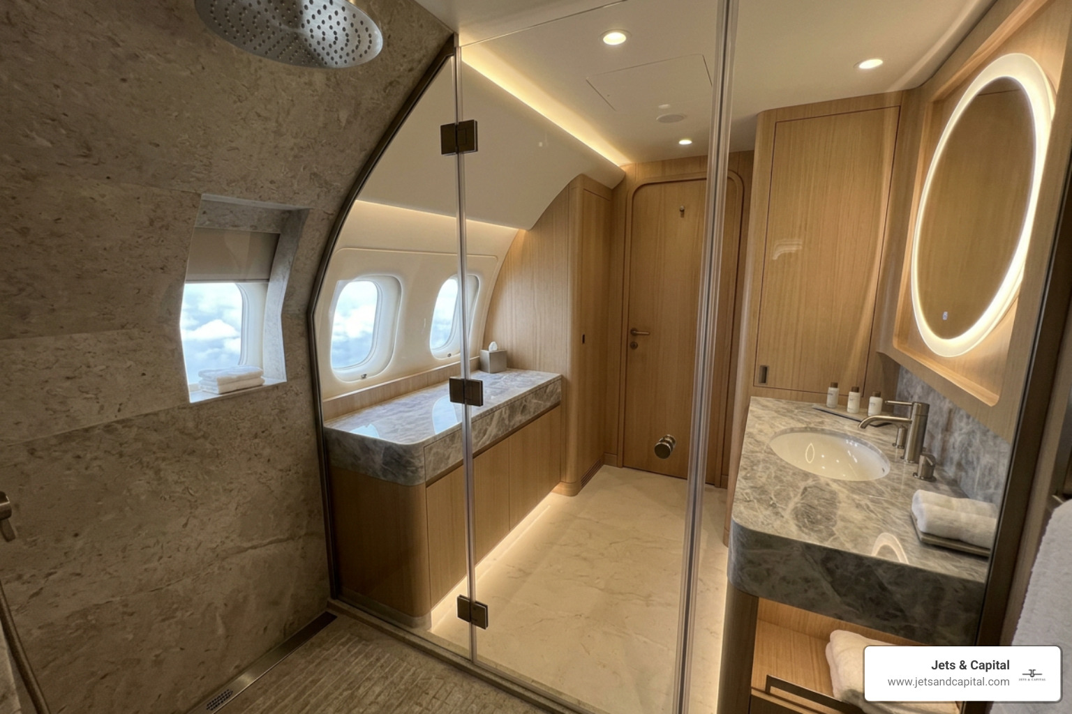 Private jet stateroom ensuite bathroom and walk-in shower Private jet stateroom ensuite bathroom and walk-in shower