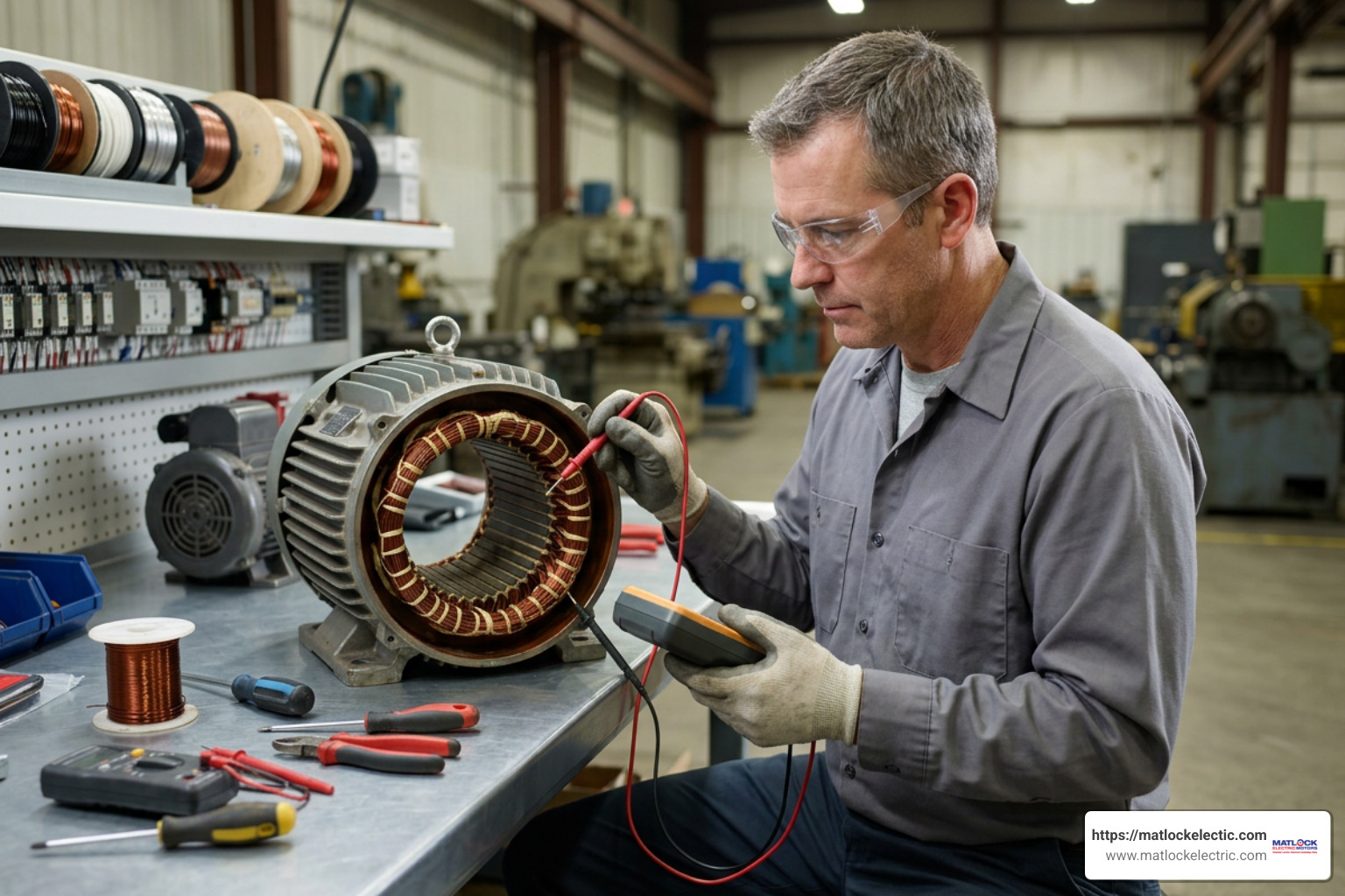 technician performing electrical testing on stator windings