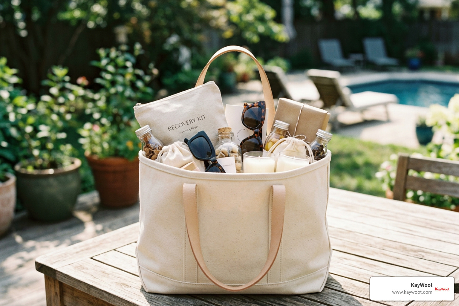 Aesthetic bachelorette welcome bag filled with recovery kits and sunglasses Aesthetic bachelorette welcome bag filled with recovery kits and sunglasses