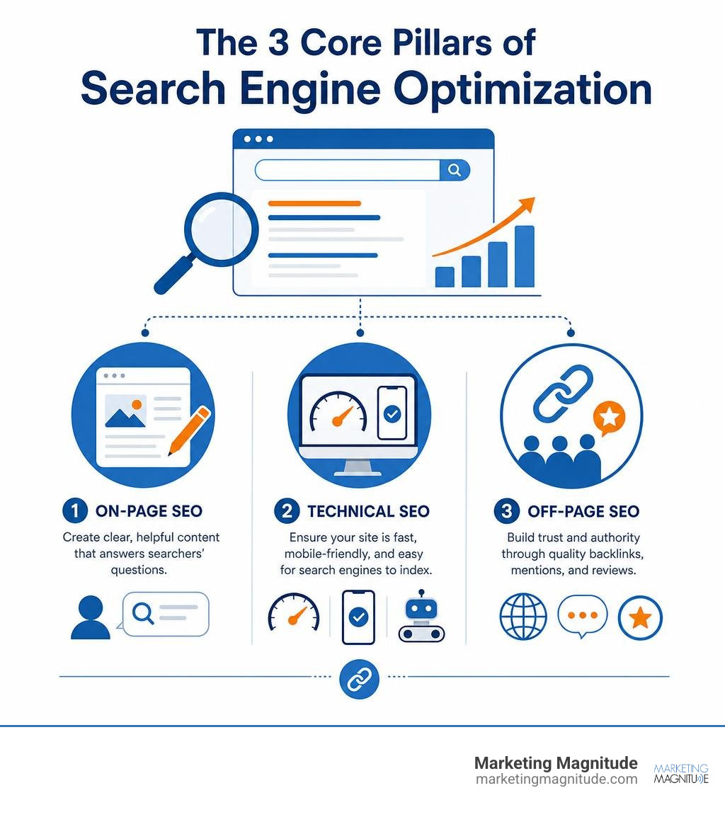 Infographic of the three core pillars of search engine optimization using blue and orange icons infographic Infographic of the three core pillars of search engine optimization using blue and orange icons infographic